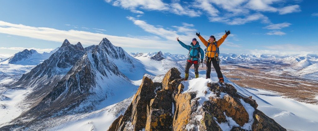Mountaineers standing atop snow-covered summit celebrating