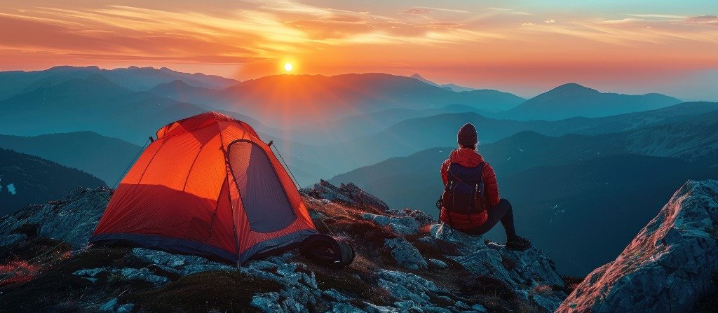 Hiker sitting by red tent on mountain peak during golden sunset